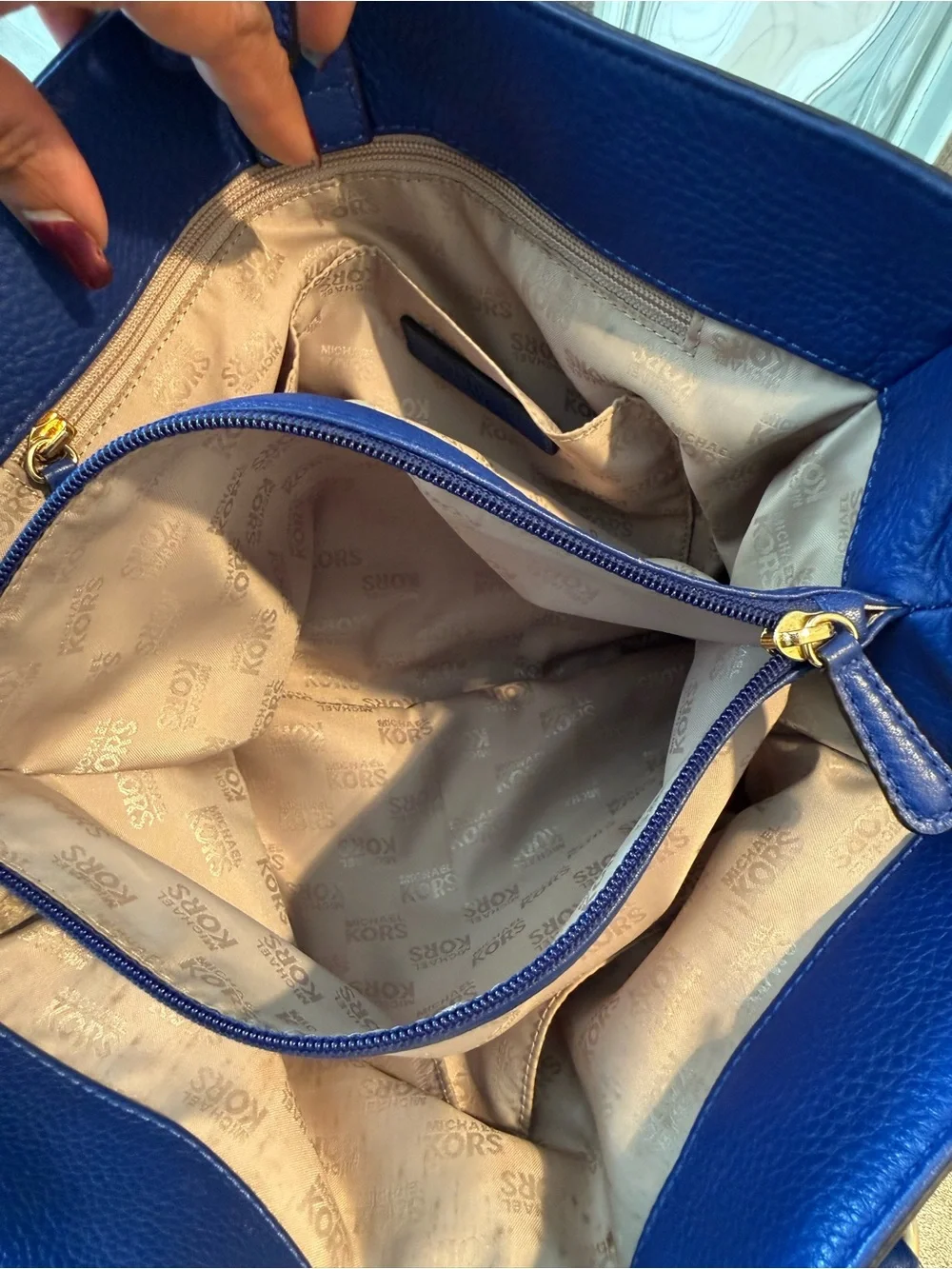 Michael Kors Cobalt Blue Large Hamilton Satchel, Crossbody Strap Gold Hardware.
